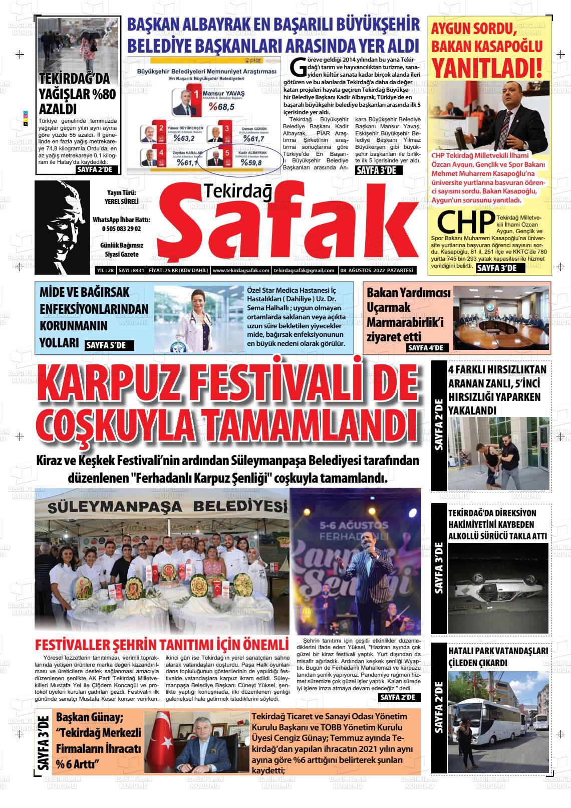08 Ağustos 2022 Tekirdağ Şafak Gazete Manşeti