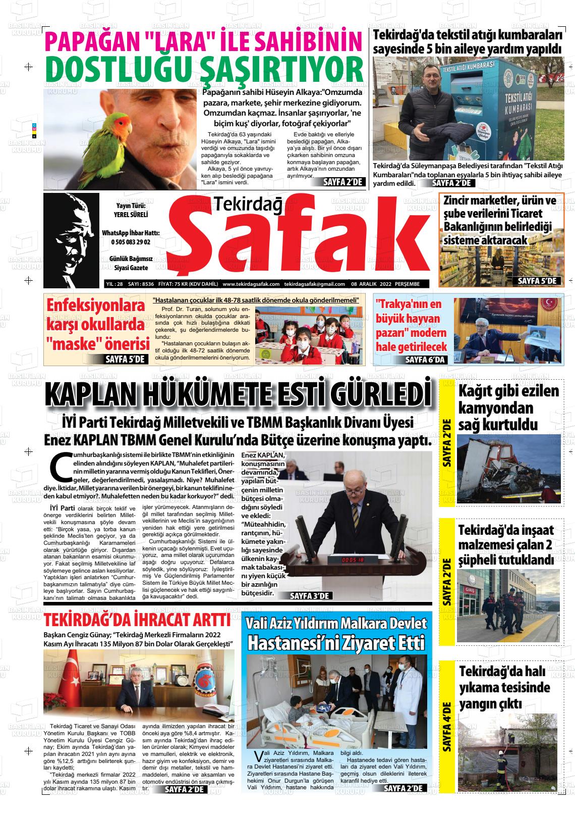 08 Aralık 2022 Tekirdağ Şafak Gazete Manşeti