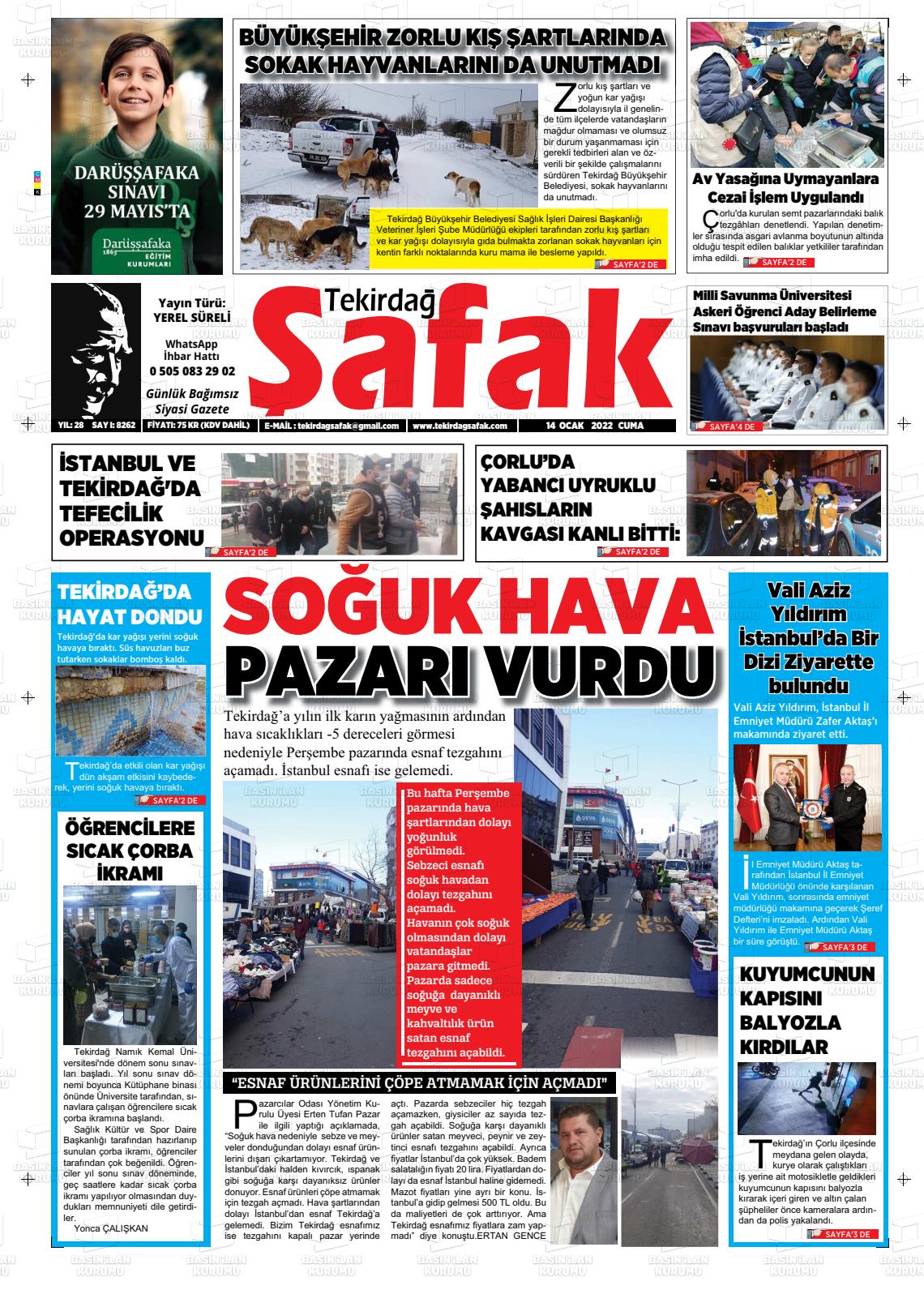 14 Ocak 2022 Tekirdağ Şafak Gazete Manşeti