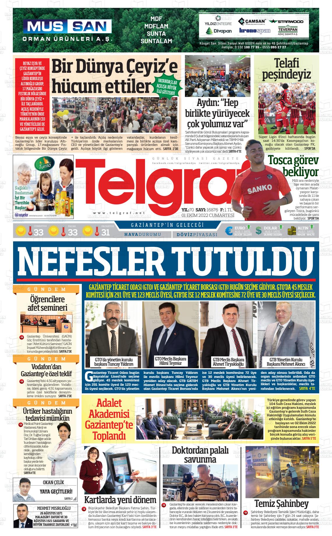 01 Ekim 2022 Telgraf Gazete Manşeti