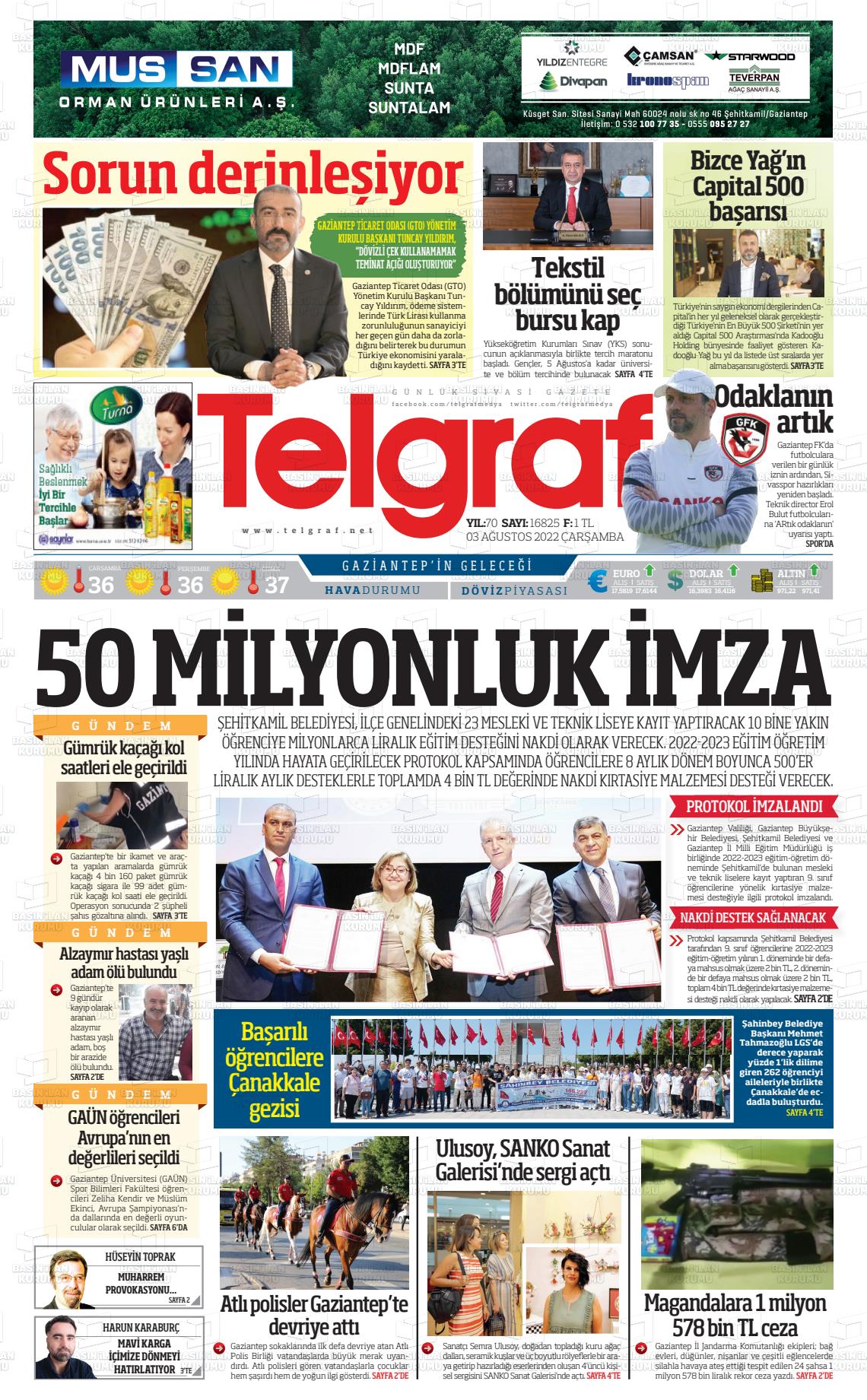 03 Ağustos 2022 Telgraf Gazete Manşeti