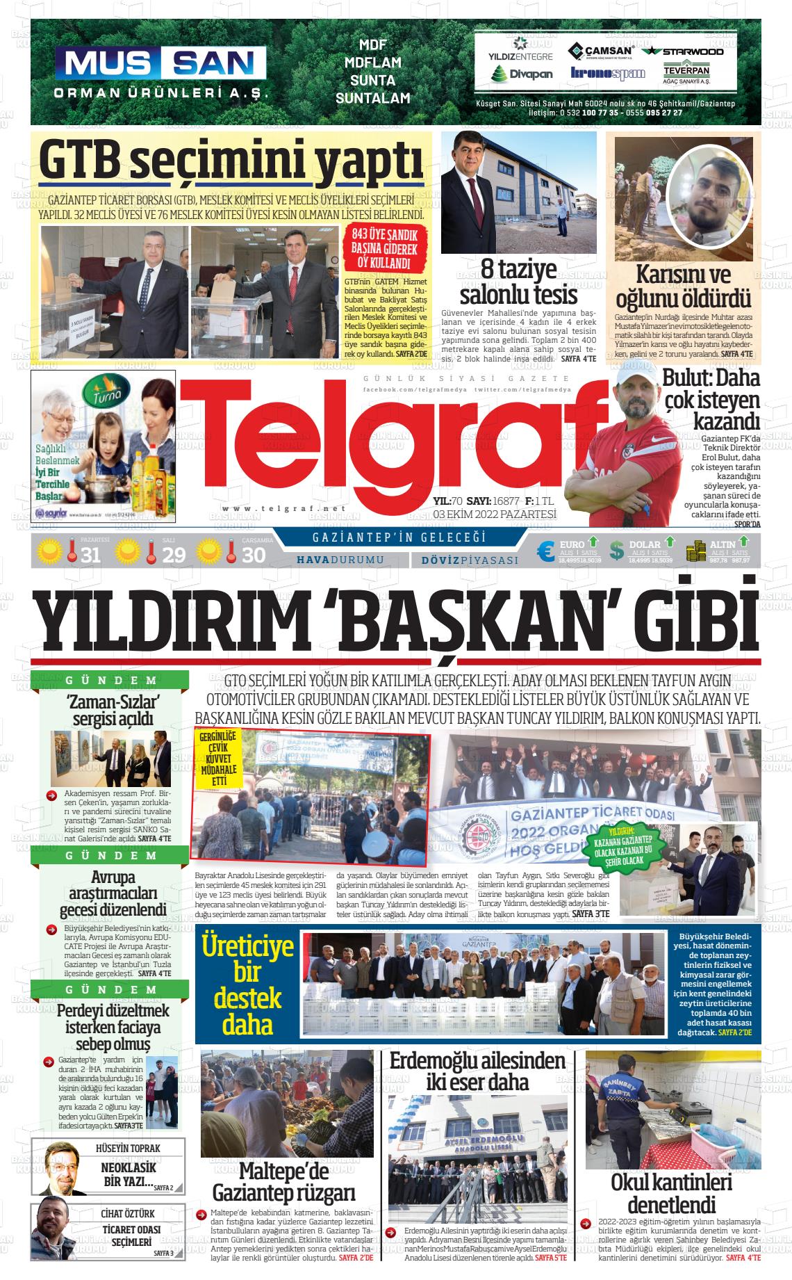 03 Ekim 2022 Telgraf Gazete Manşeti