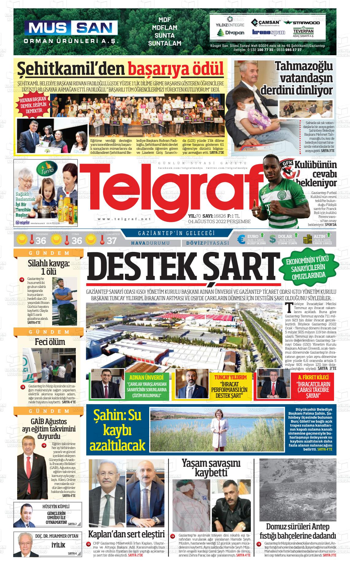 04 Ağustos 2022 Telgraf Gazete Manşeti