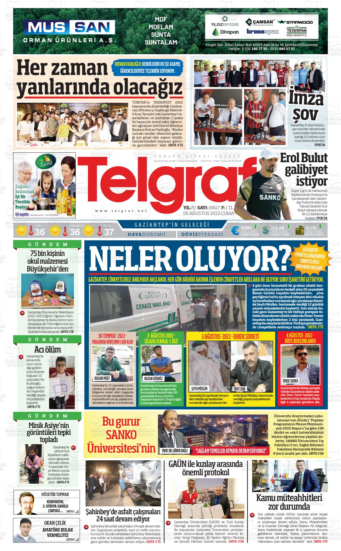 05 Ağustos 2022 Telgraf Gazete Manşeti