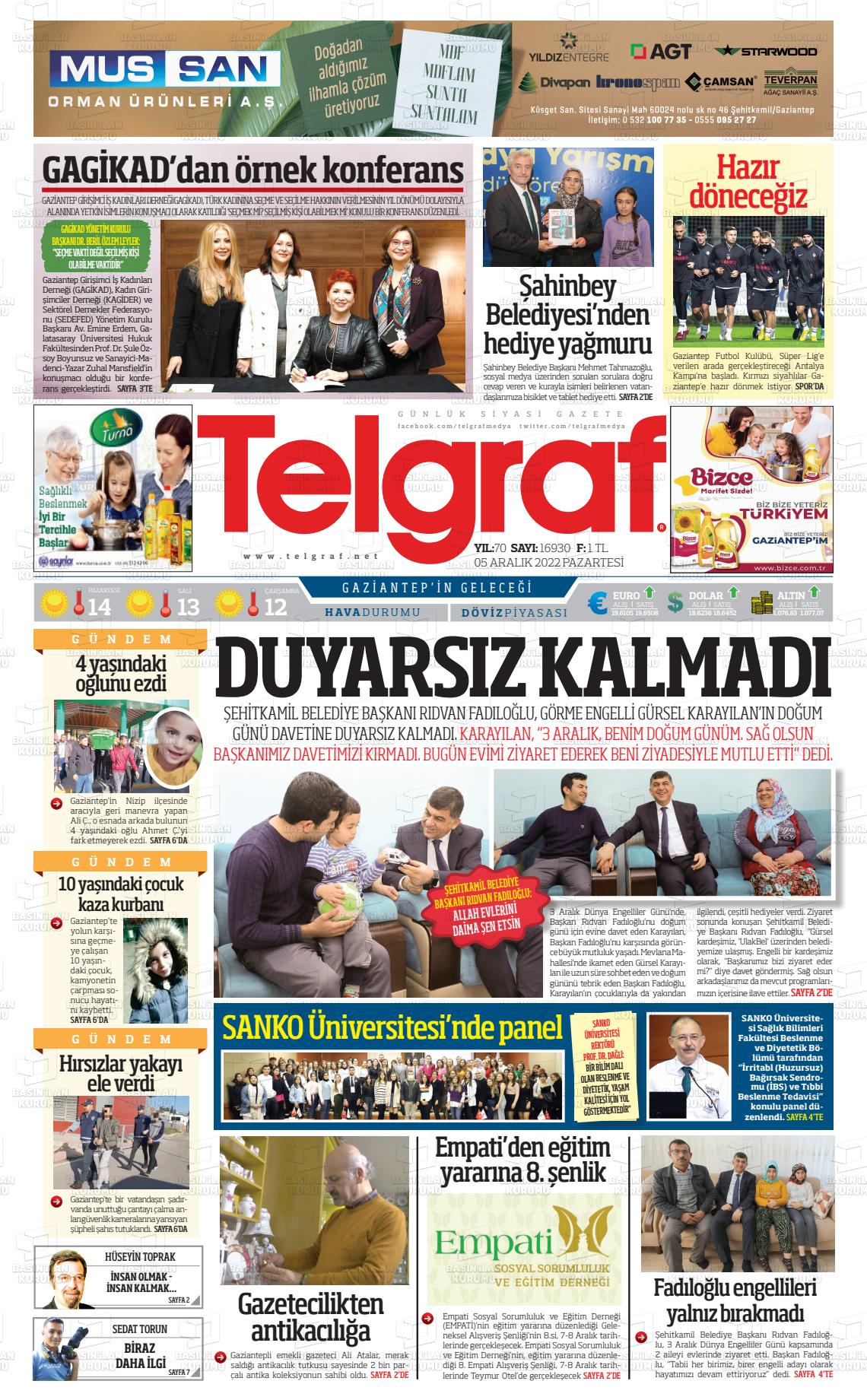 05 Aralık 2022 Telgraf Gazete Manşeti