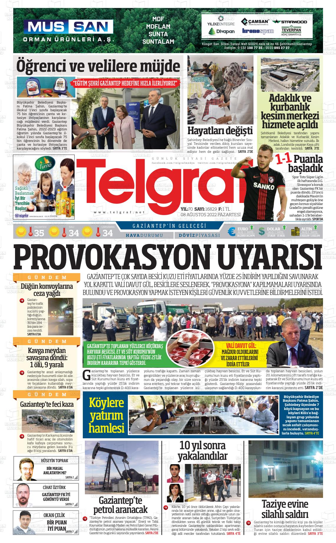 08 Ağustos 2022 Telgraf Gazete Manşeti