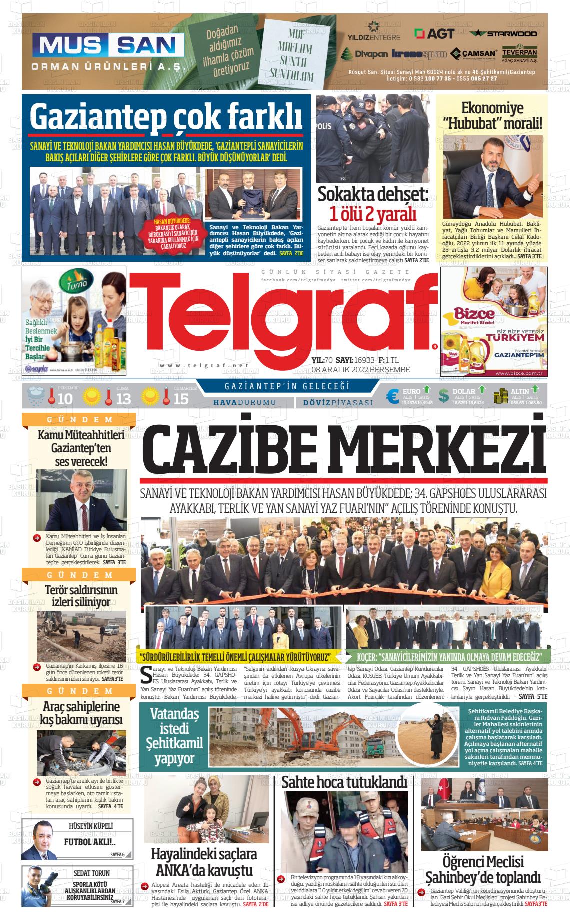 08 Aralık 2022 Telgraf Gazete Manşeti