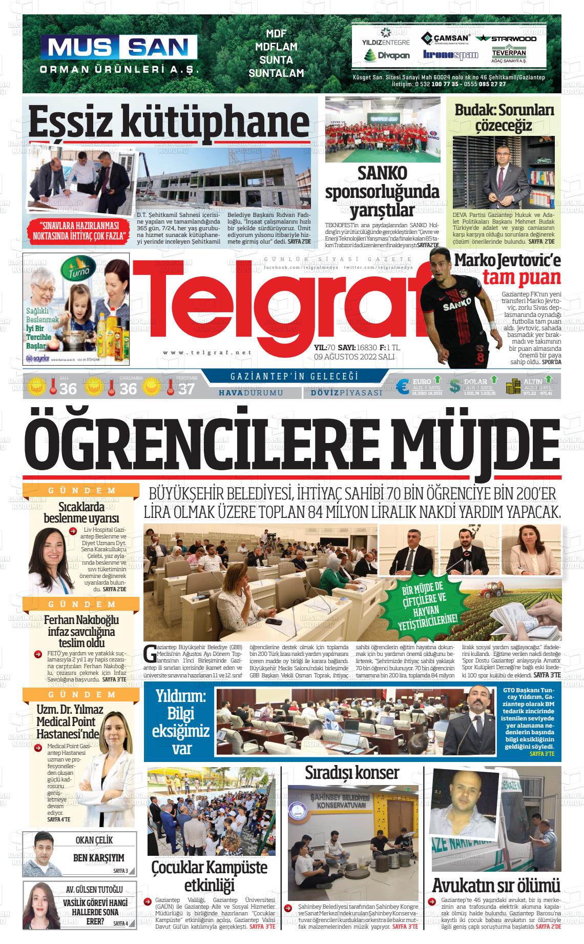09 Ağustos 2022 Telgraf Gazete Manşeti