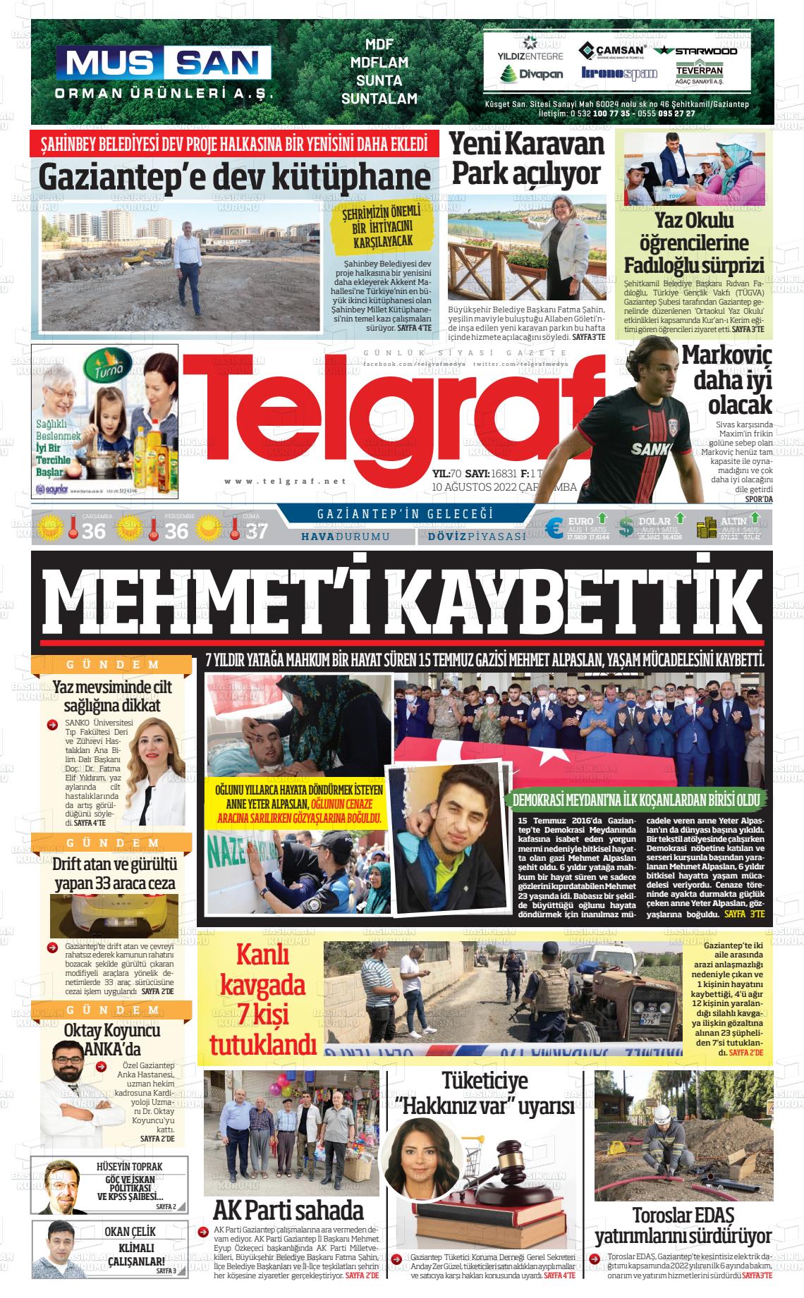 10 Ağustos 2022 Telgraf Gazete Manşeti