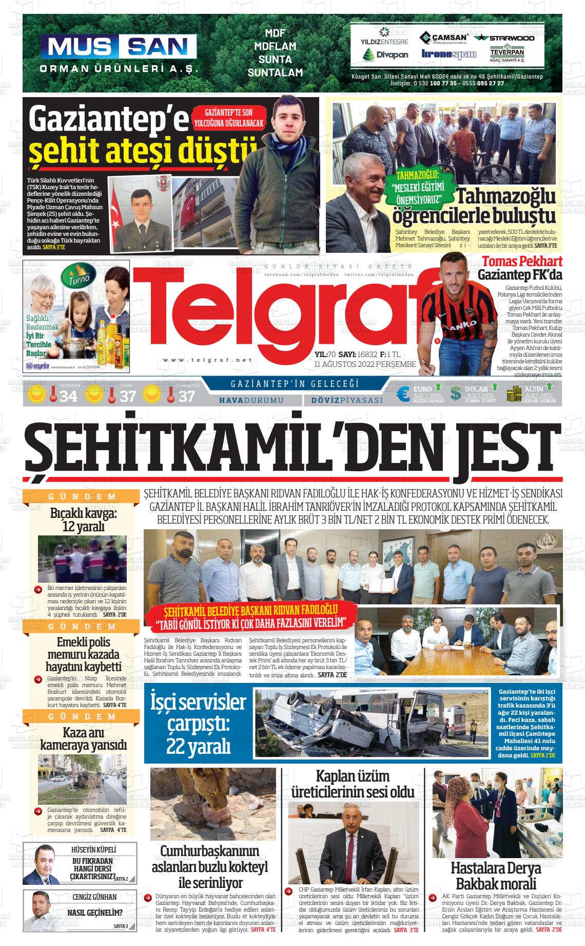 11 Ağustos 2022 Telgraf Gazete Manşeti