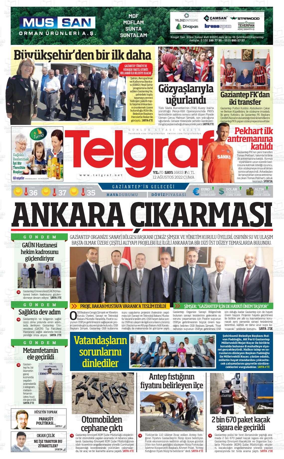 12 Ağustos 2022 Telgraf Gazete Manşeti