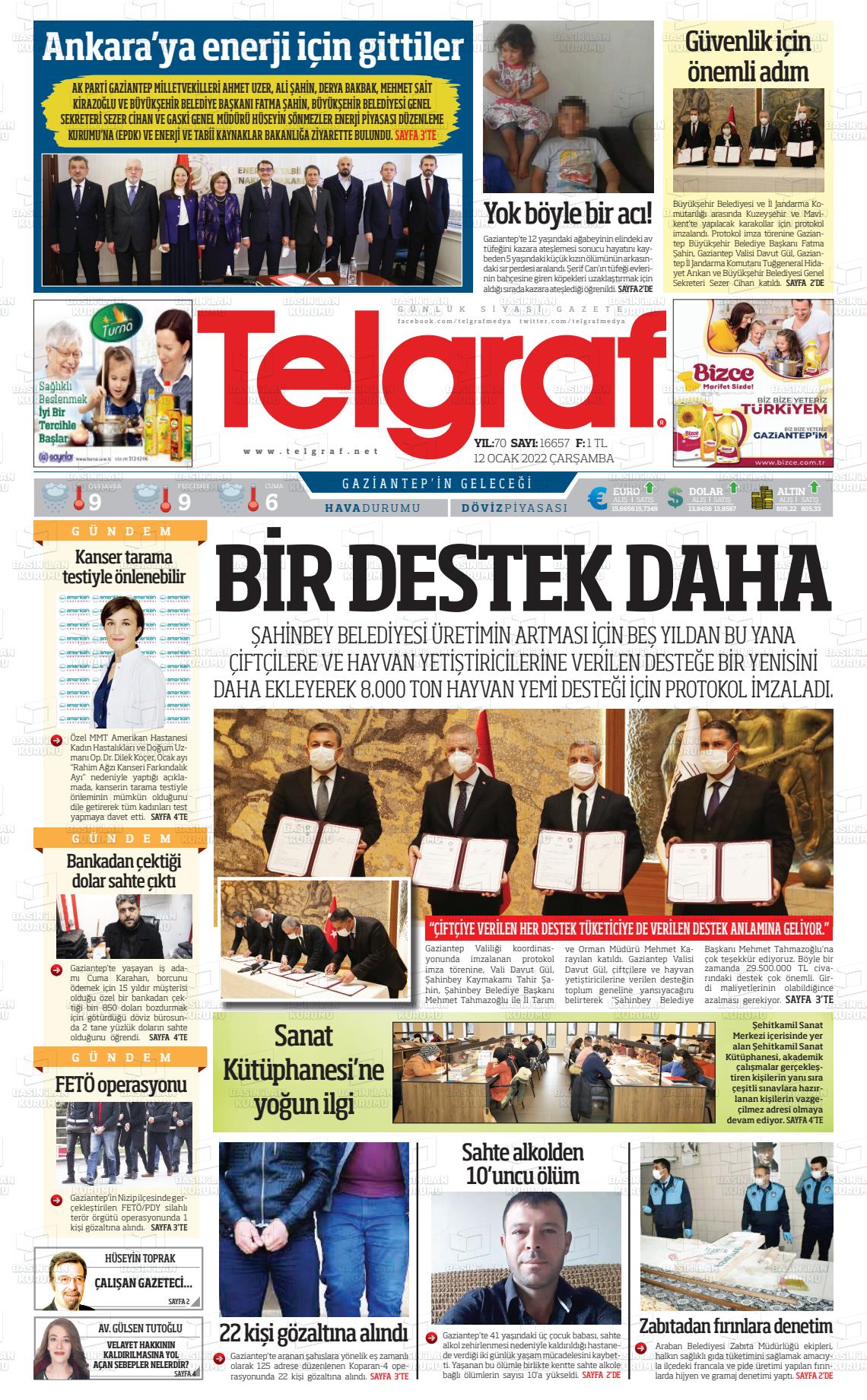 12 Ocak 2022 Telgraf Gazete Manşeti