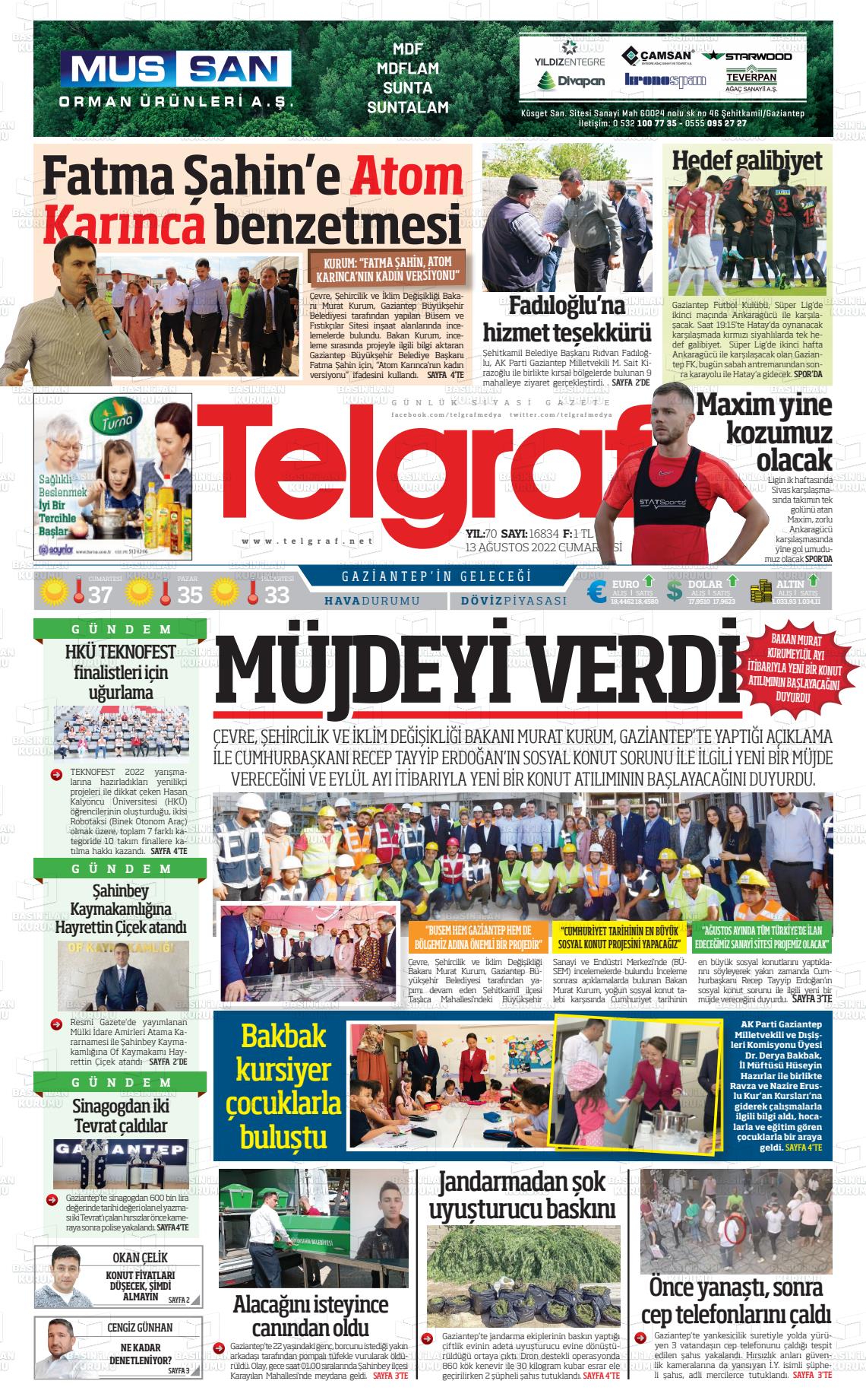13 Ağustos 2022 Telgraf Gazete Manşeti