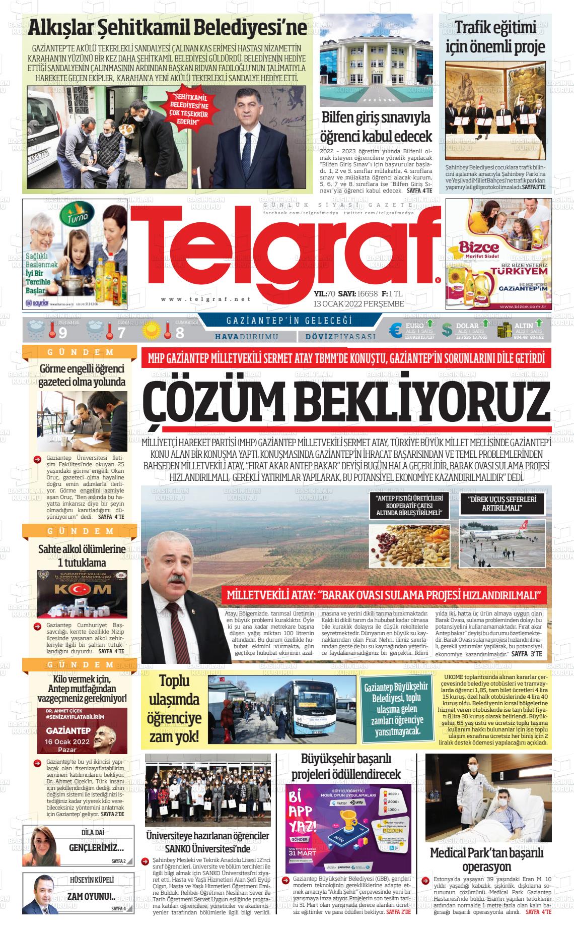 13 Ocak 2022 Telgraf Gazete Manşeti