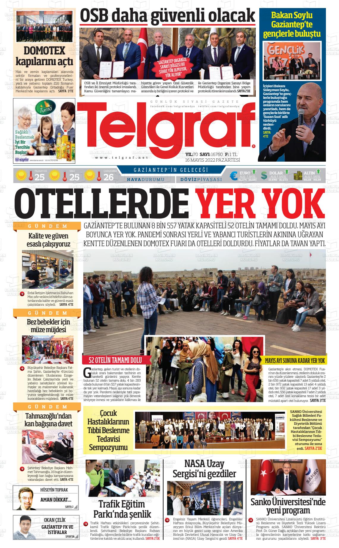 16 Mayıs 2022 Telgraf Gazete Manşeti