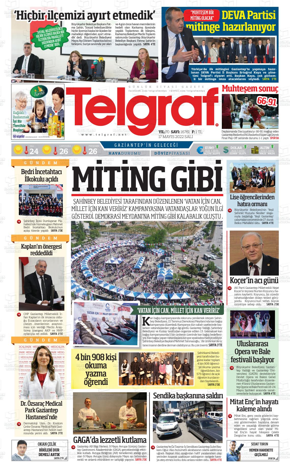 17 Mayıs 2022 Telgraf Gazete Manşeti