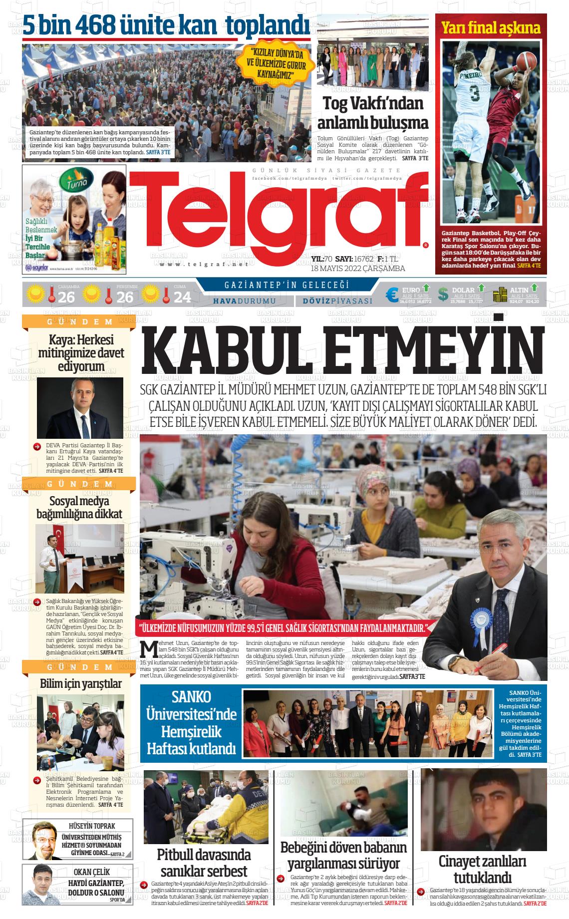 18 Mayıs 2022 Telgraf Gazete Manşeti