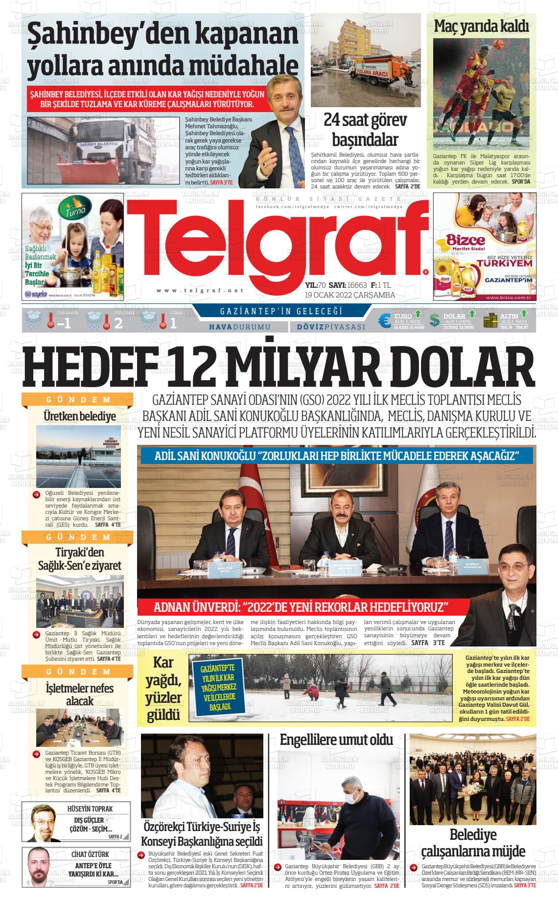19 Ocak 2022 Telgraf Gazete Manşeti