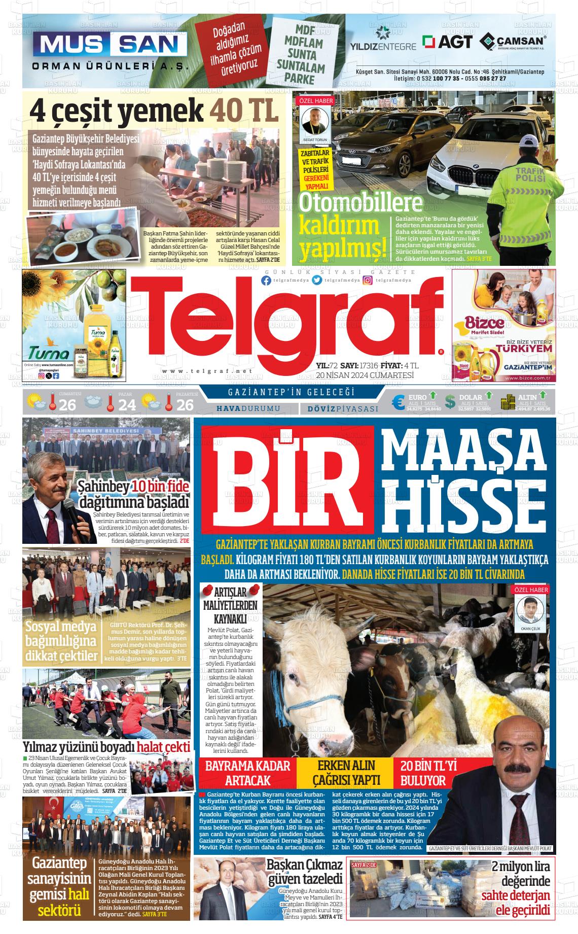 20 Nisan 2024 Telgraf Gazete Manşeti