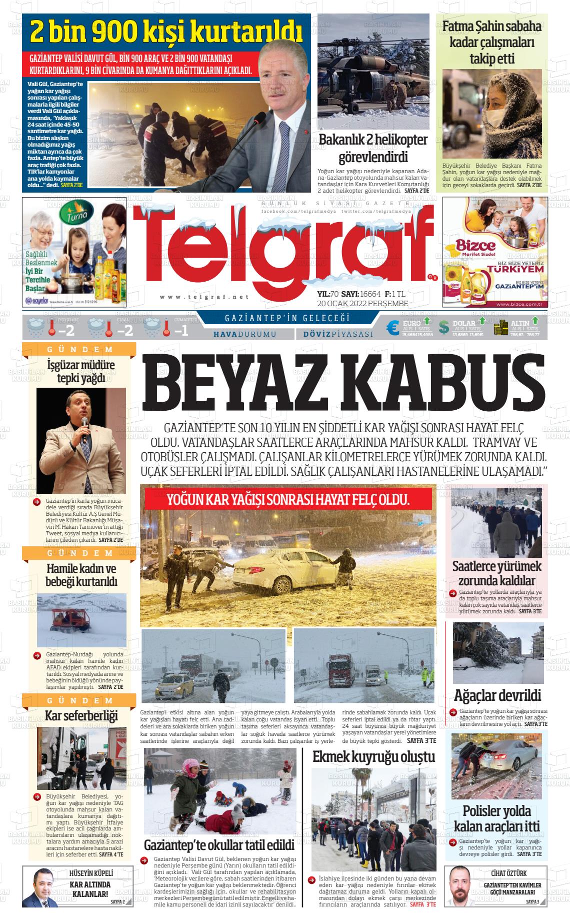 20 Ocak 2022 Telgraf Gazete Manşeti