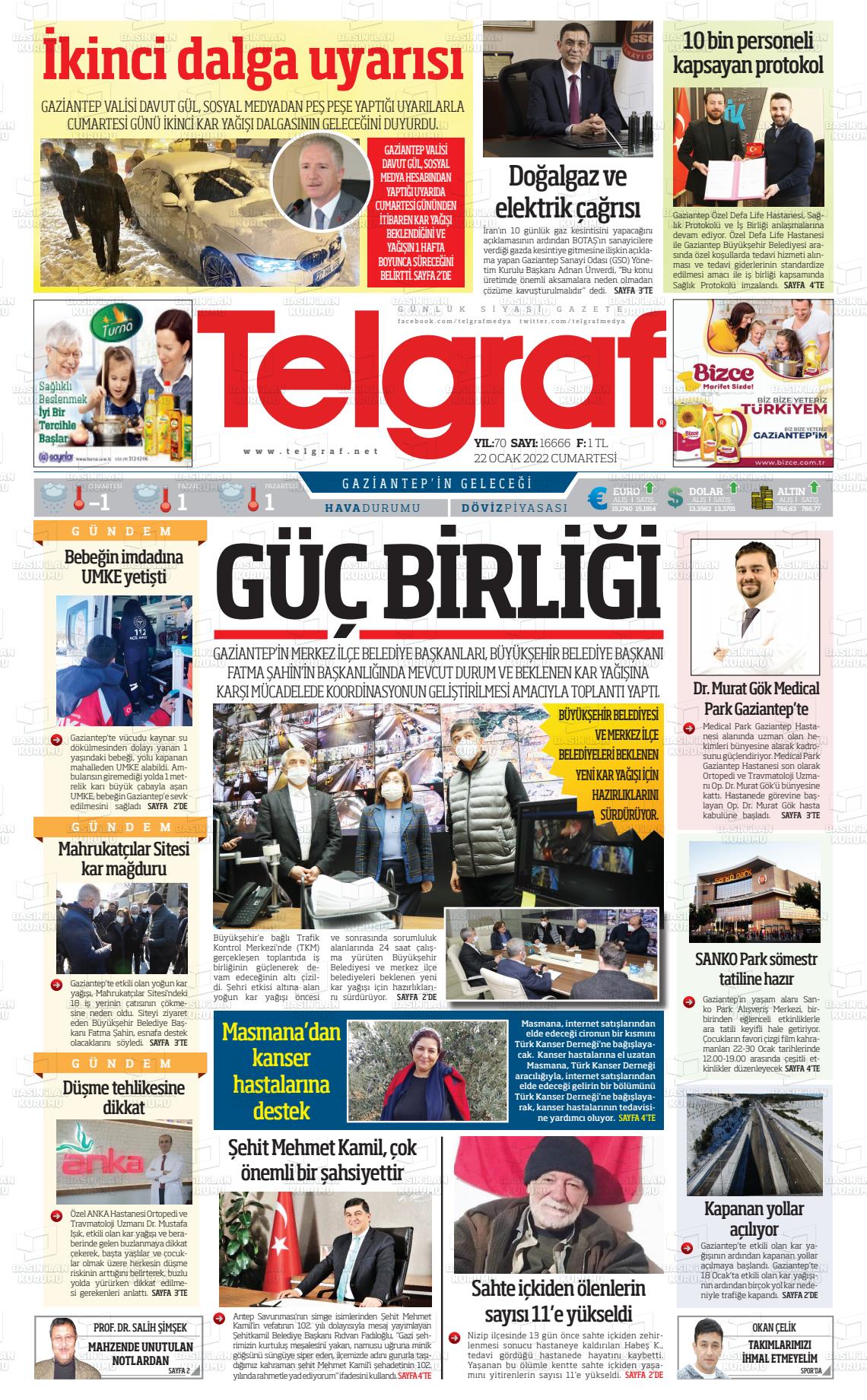 22 Ocak 2022 Telgraf Gazete Manşeti