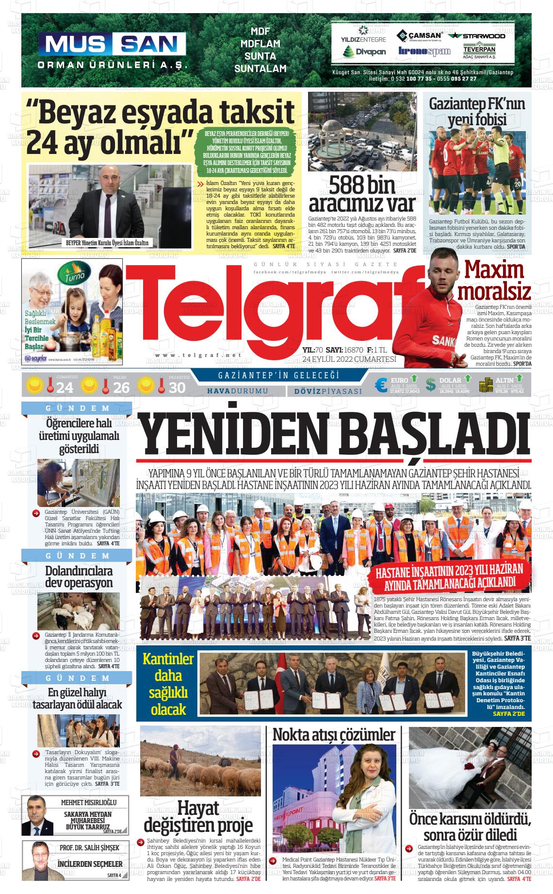 24 Eylül 2022 Telgraf Gazete Manşeti