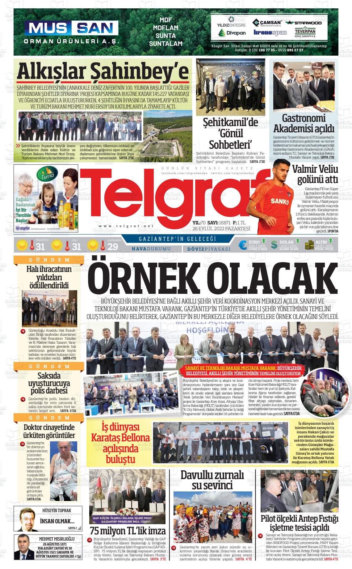 26 Eylül 2022 Telgraf Gazete Manşeti