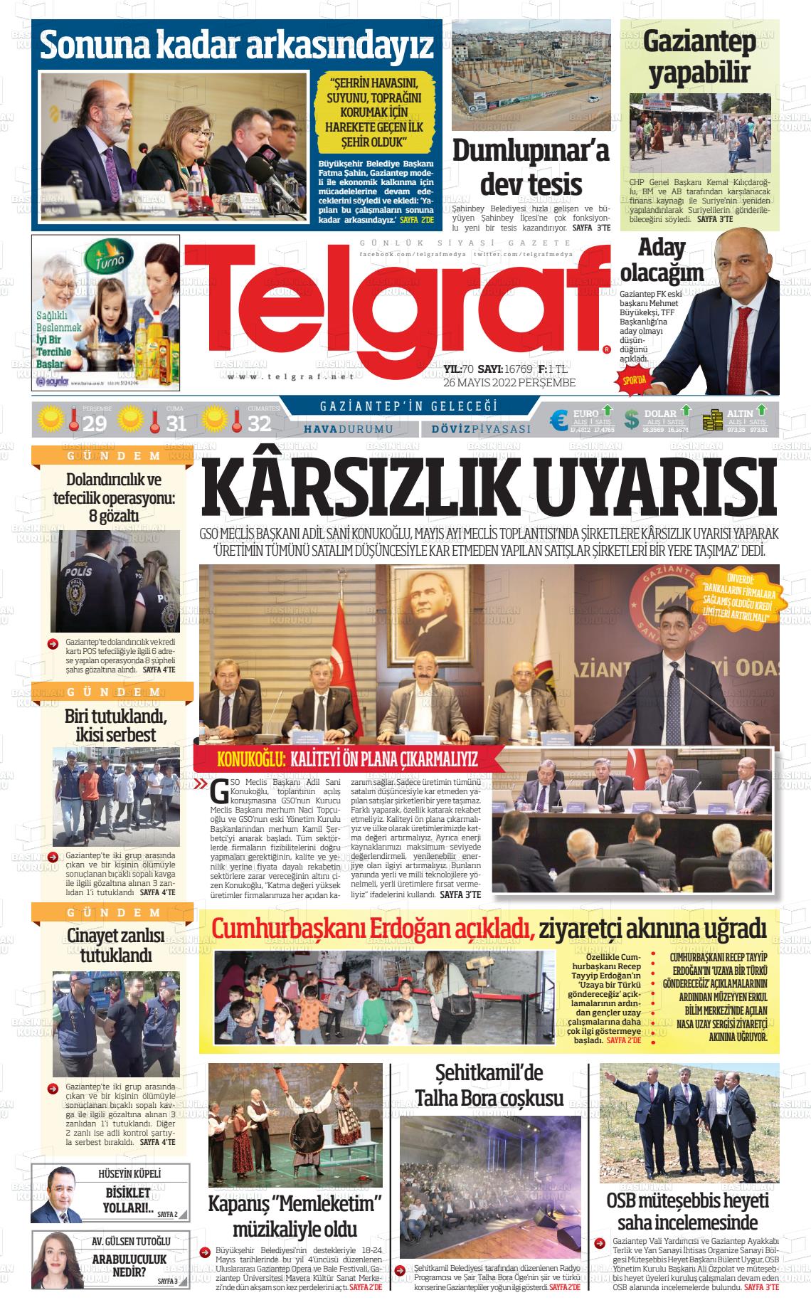 26 Mayıs 2022 Telgraf Gazete Manşeti
