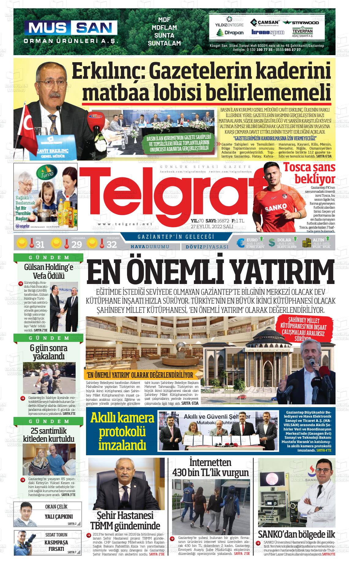 27 Eylül 2022 Telgraf Gazete Manşeti