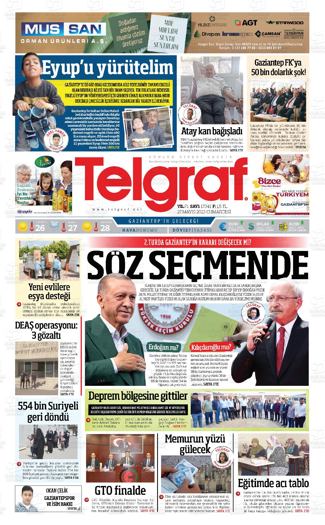 27 Mayıs 2023 Telgraf Gazete Manşeti