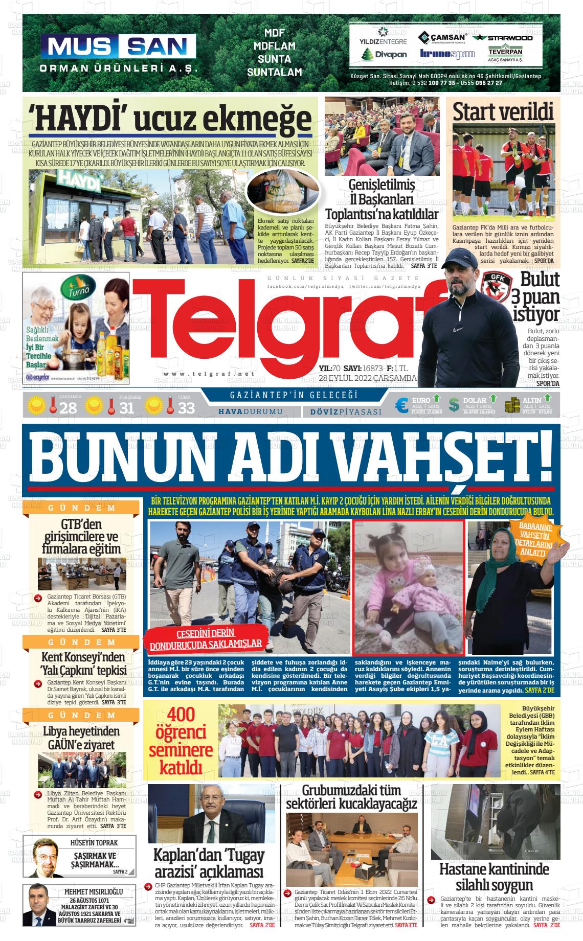 28 Eylül 2022 Telgraf Gazete Manşeti