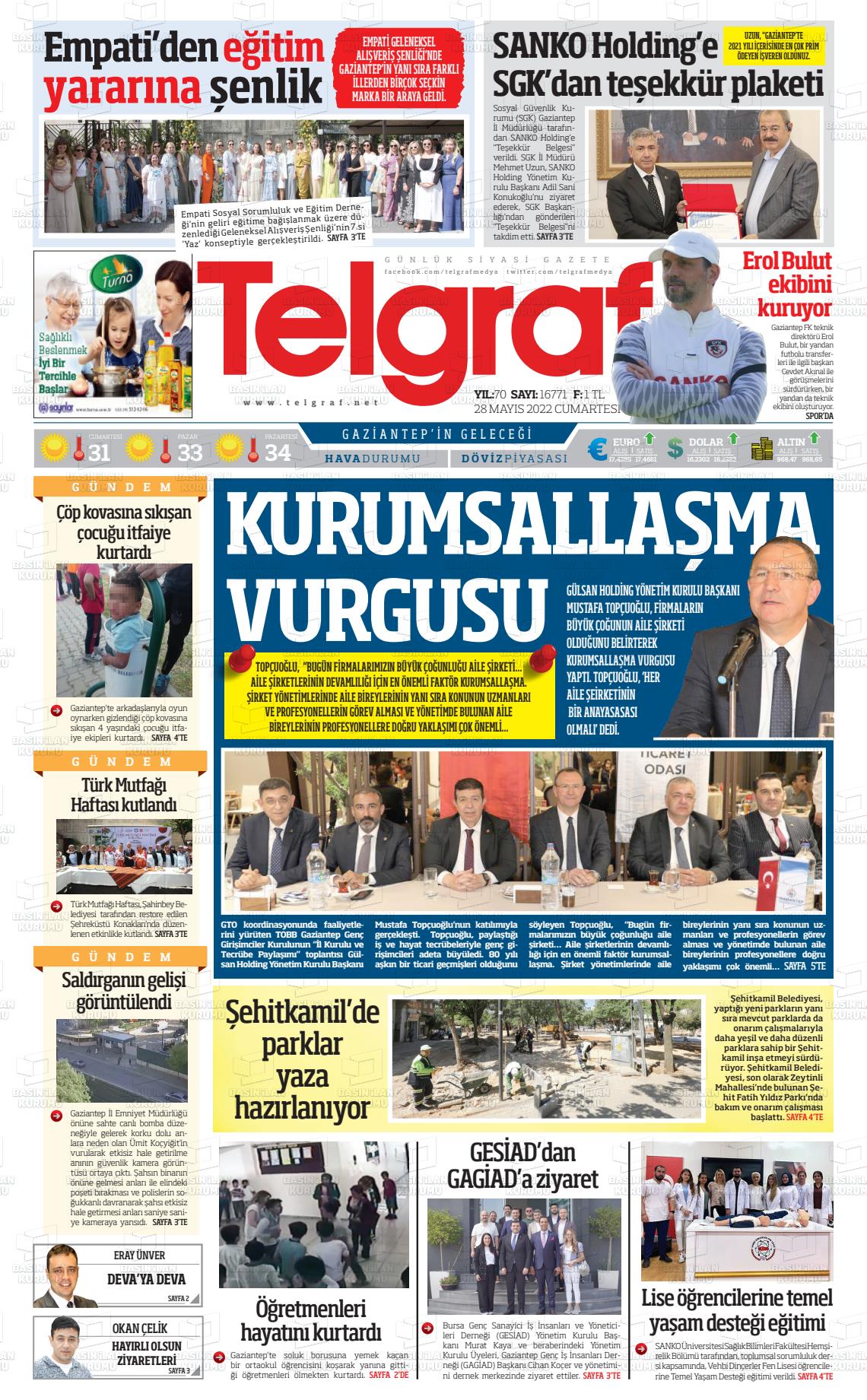 28 Mayıs 2022 Telgraf Gazete Manşeti