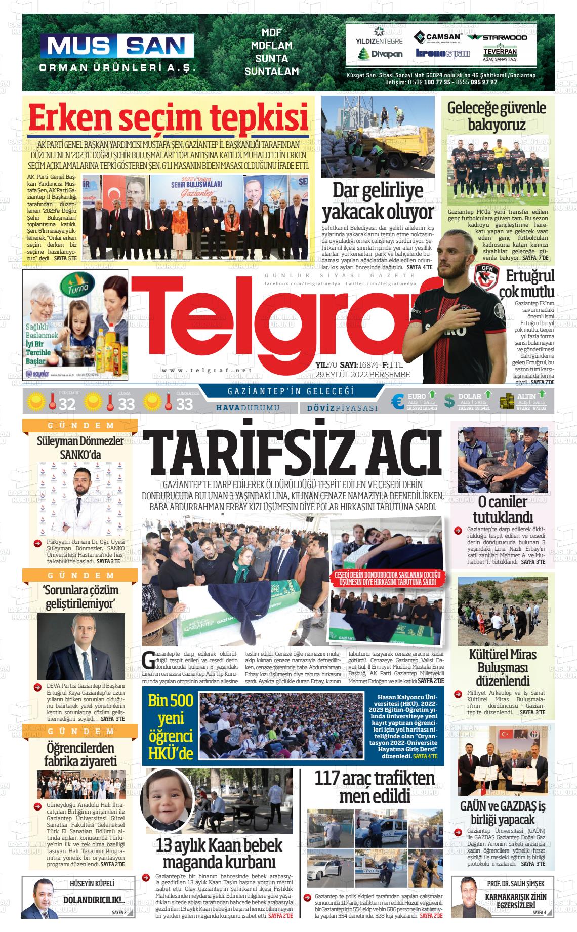 29 Eylül 2022 Telgraf Gazete Manşeti