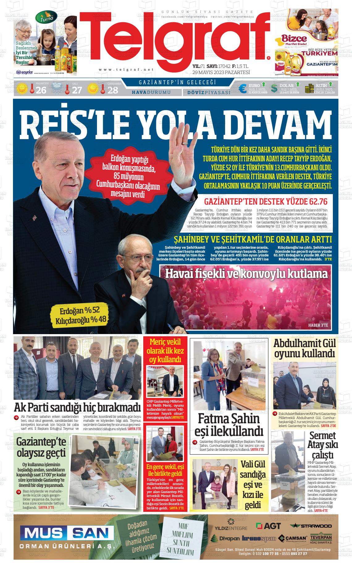 29 Mayıs 2023 Telgraf Gazete Manşeti