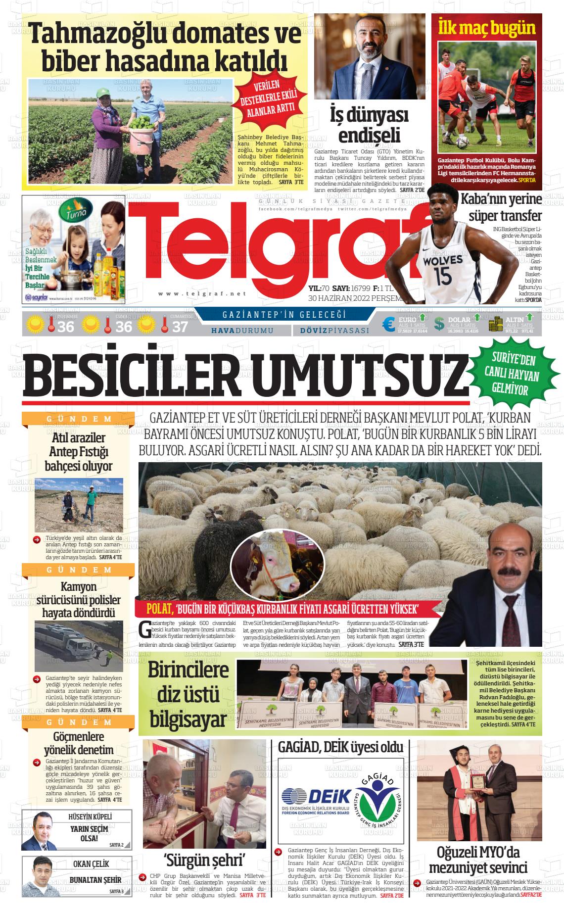 01 Temmuz 2022 Telgraf Gazete Manşeti