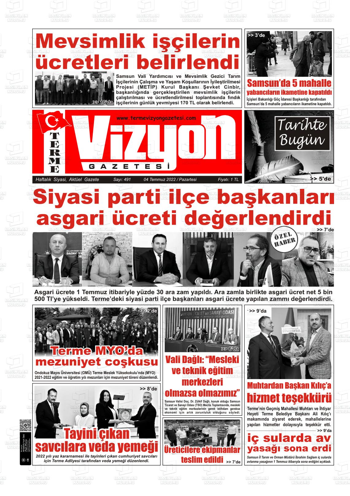 04 Temmuz 2022 Terme Vizyon Gazete Manşeti