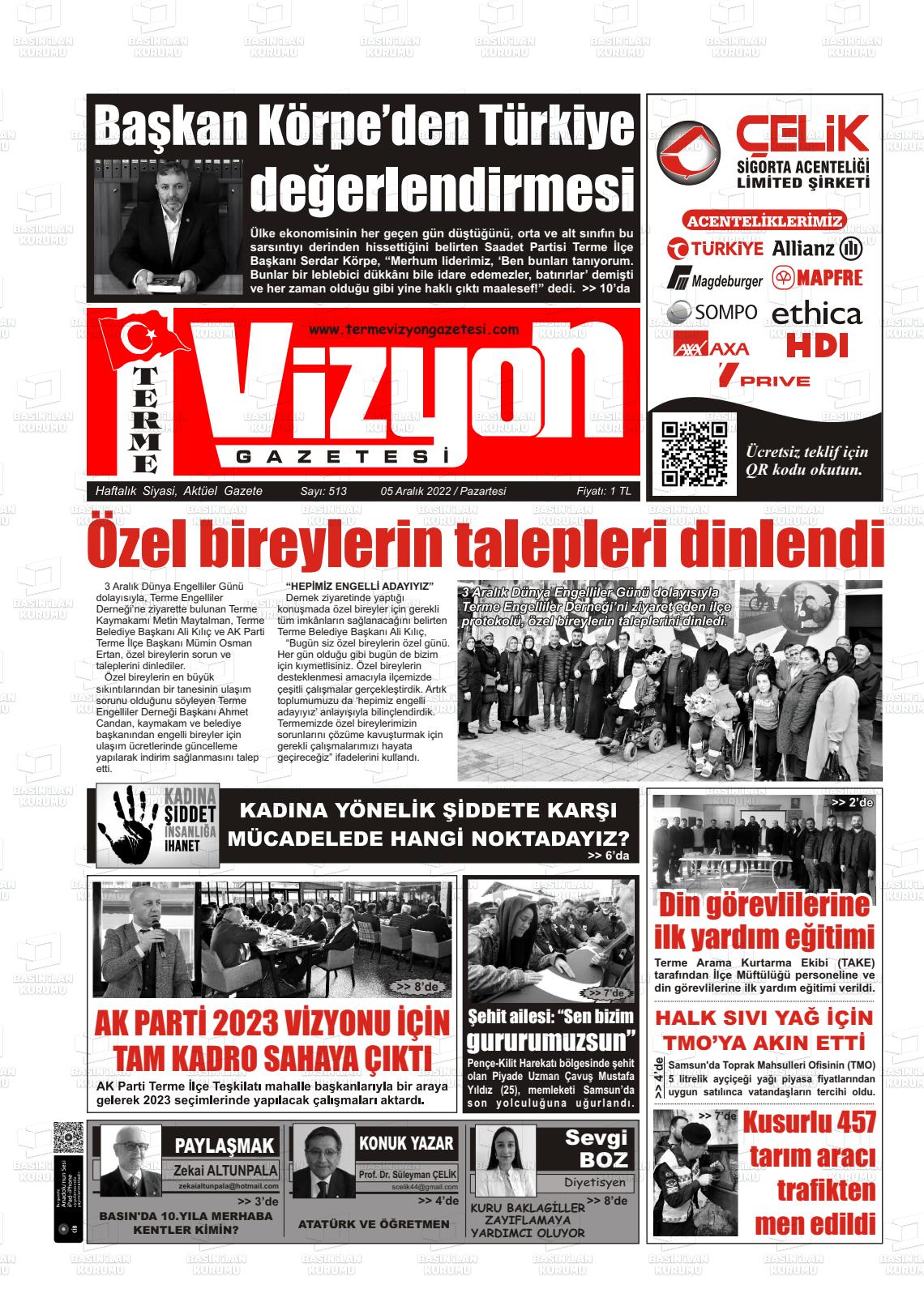 05 Aralık 2022 Terme Vizyon Gazete Manşeti