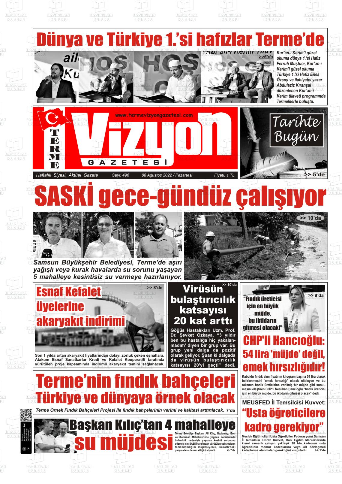 08 Ağustos 2022 Terme Vizyon Gazete Manşeti