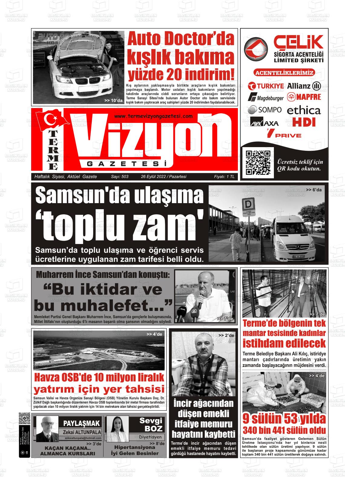 26 Eylül 2022 Terme Vizyon Gazete Manşeti