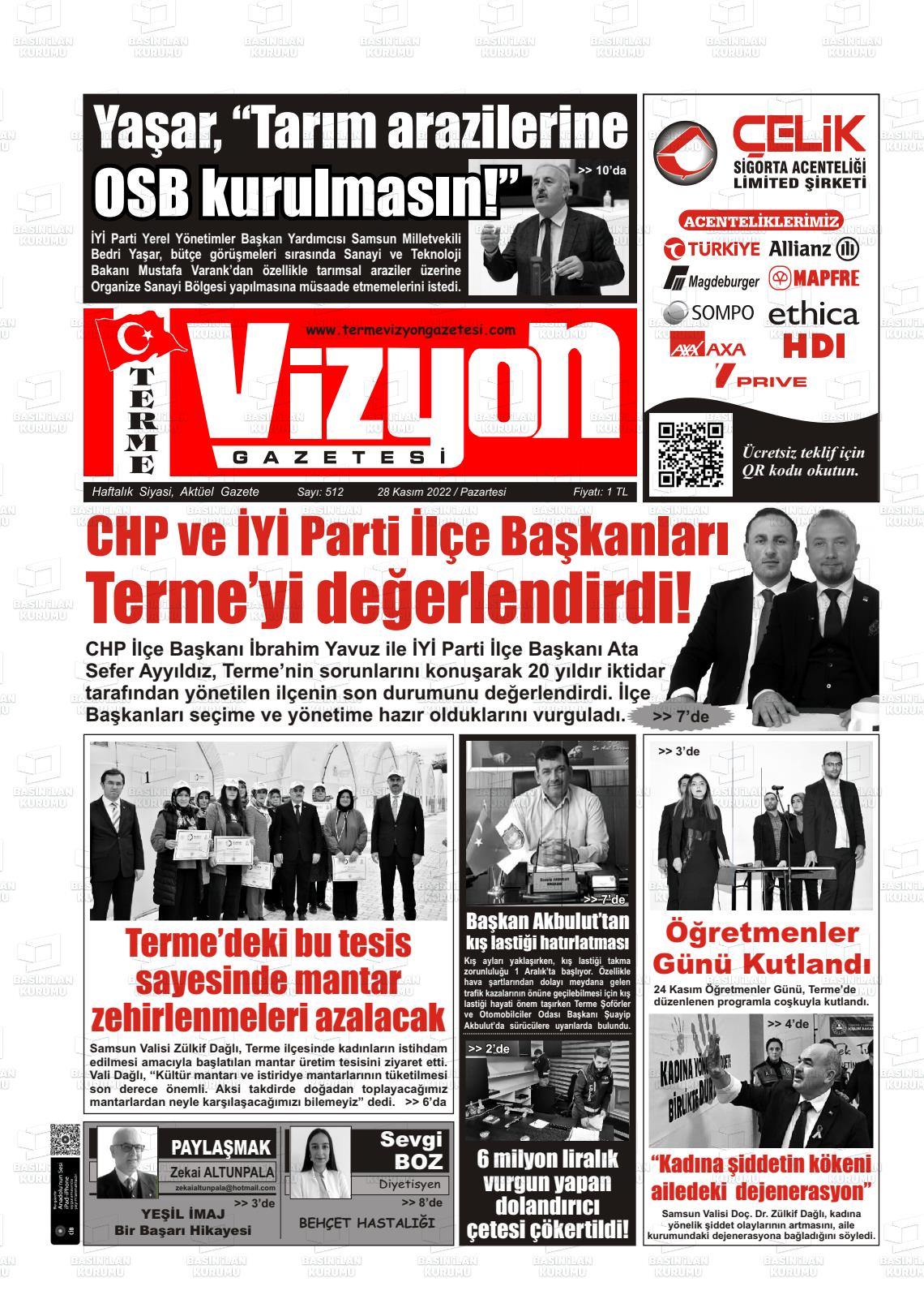 28 Kasım 2022 Terme Vizyon Gazete Manşeti