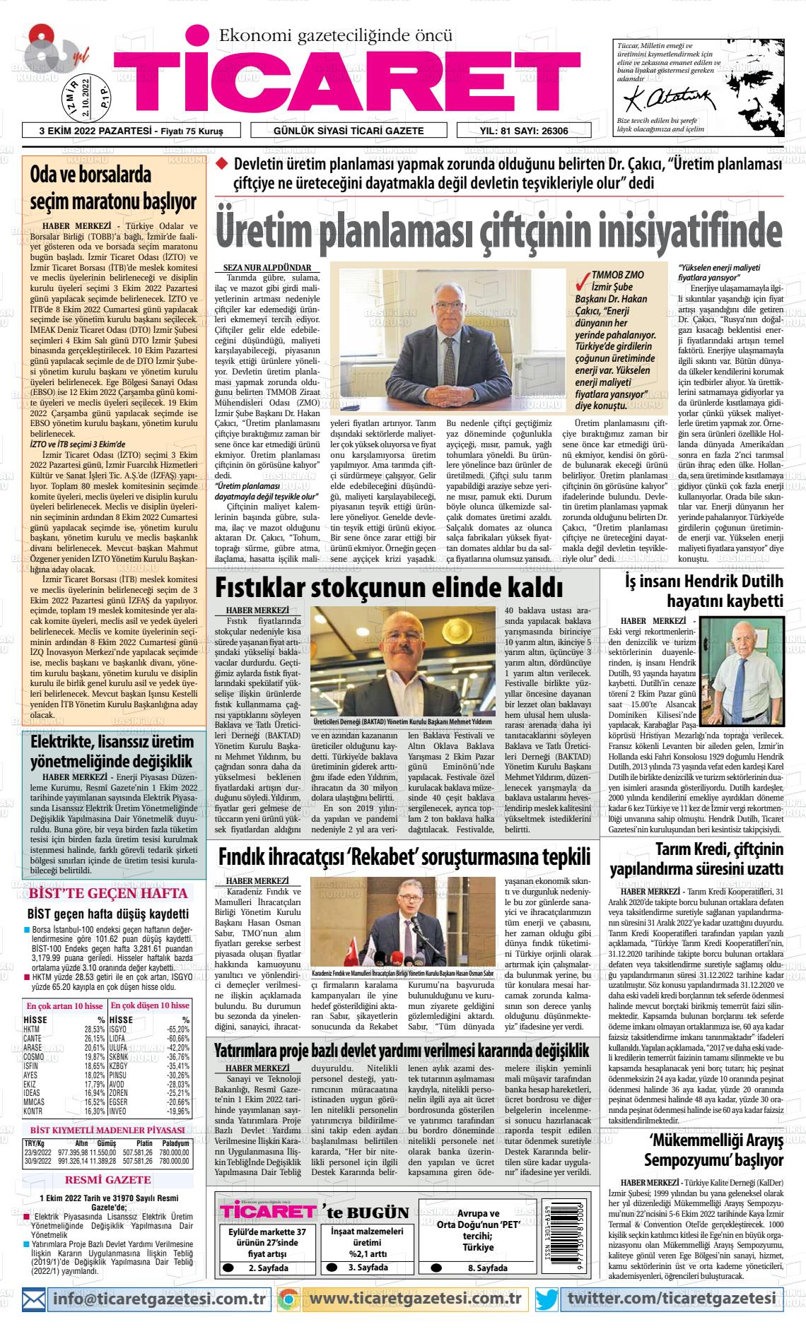 03 Ekim 2022 Ticaret Gazete Manşeti