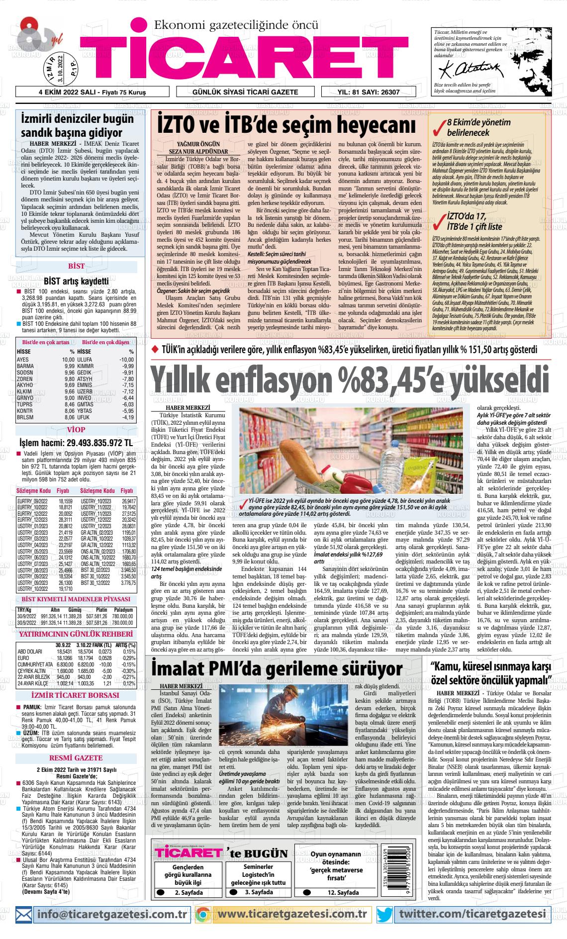 04 Ekim 2022 Ticaret Gazete Manşeti