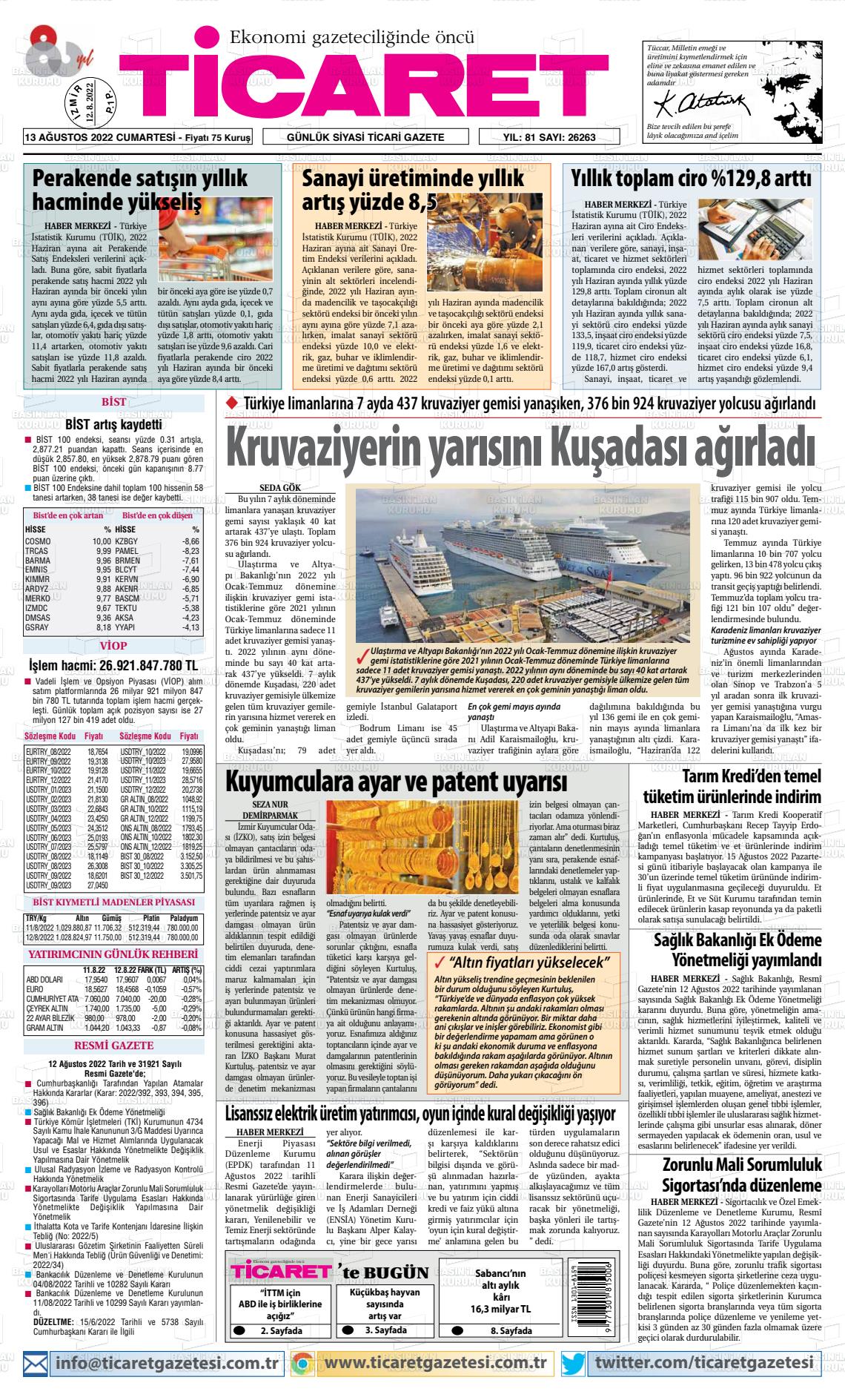 13 Ağustos 2022 Ticaret Gazete Manşeti