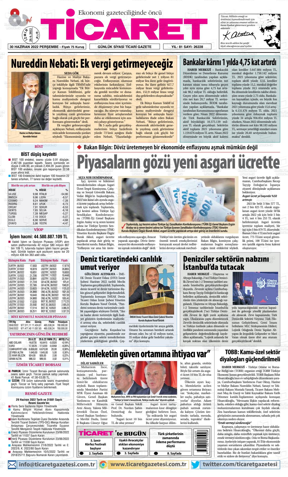 01 Temmuz 2022 Ticaret Gazete Manşeti