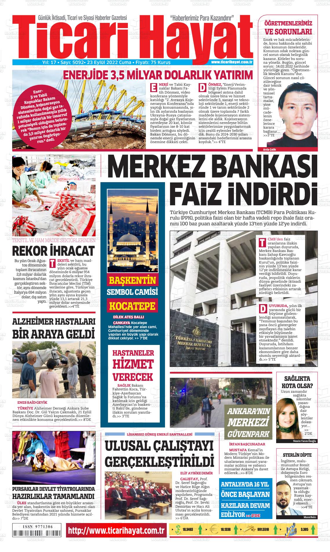 23 Eylül 2022 Ticari Hayat Gazete Manşeti