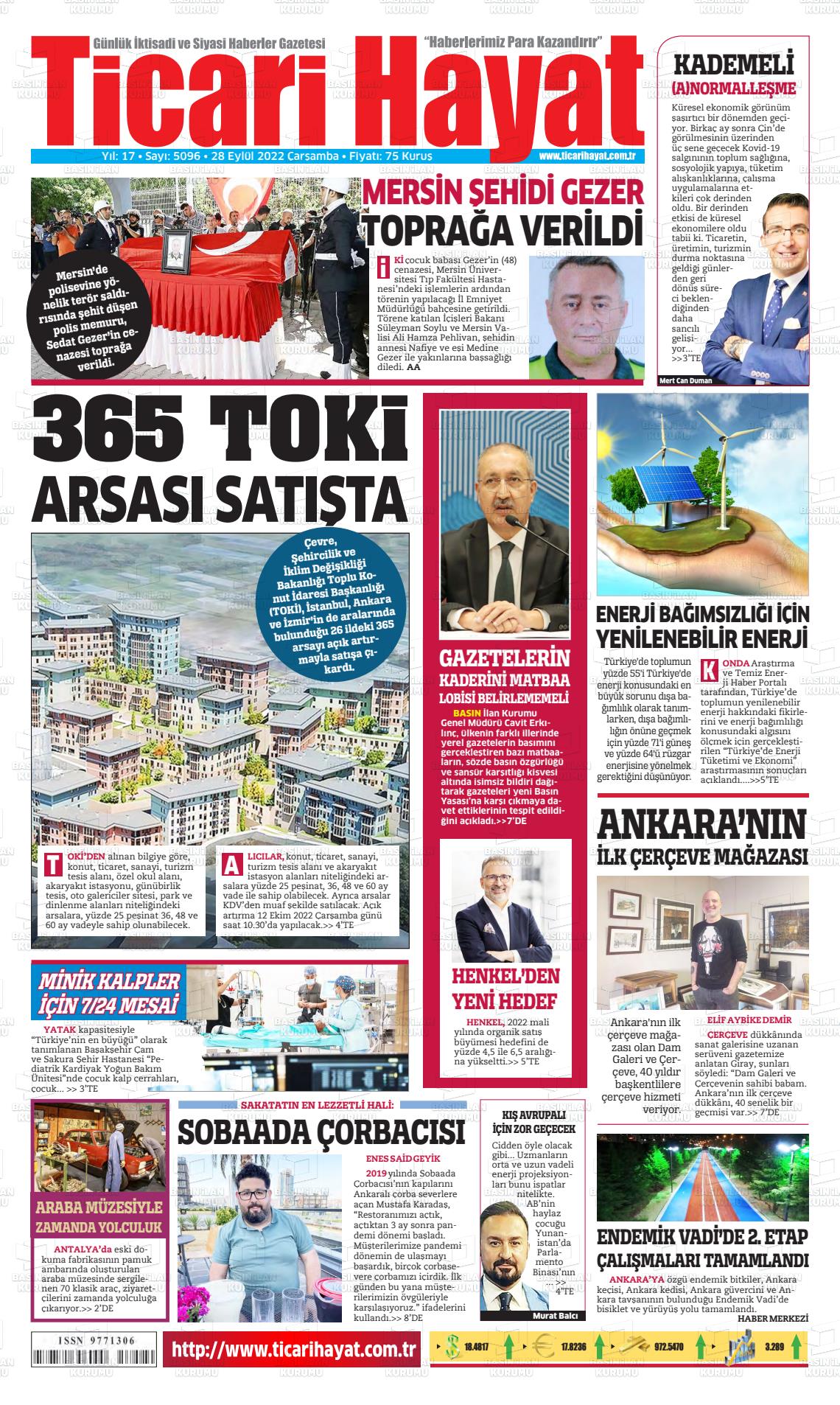 28 Eylül 2022 Ticari Hayat Gazete Manşeti