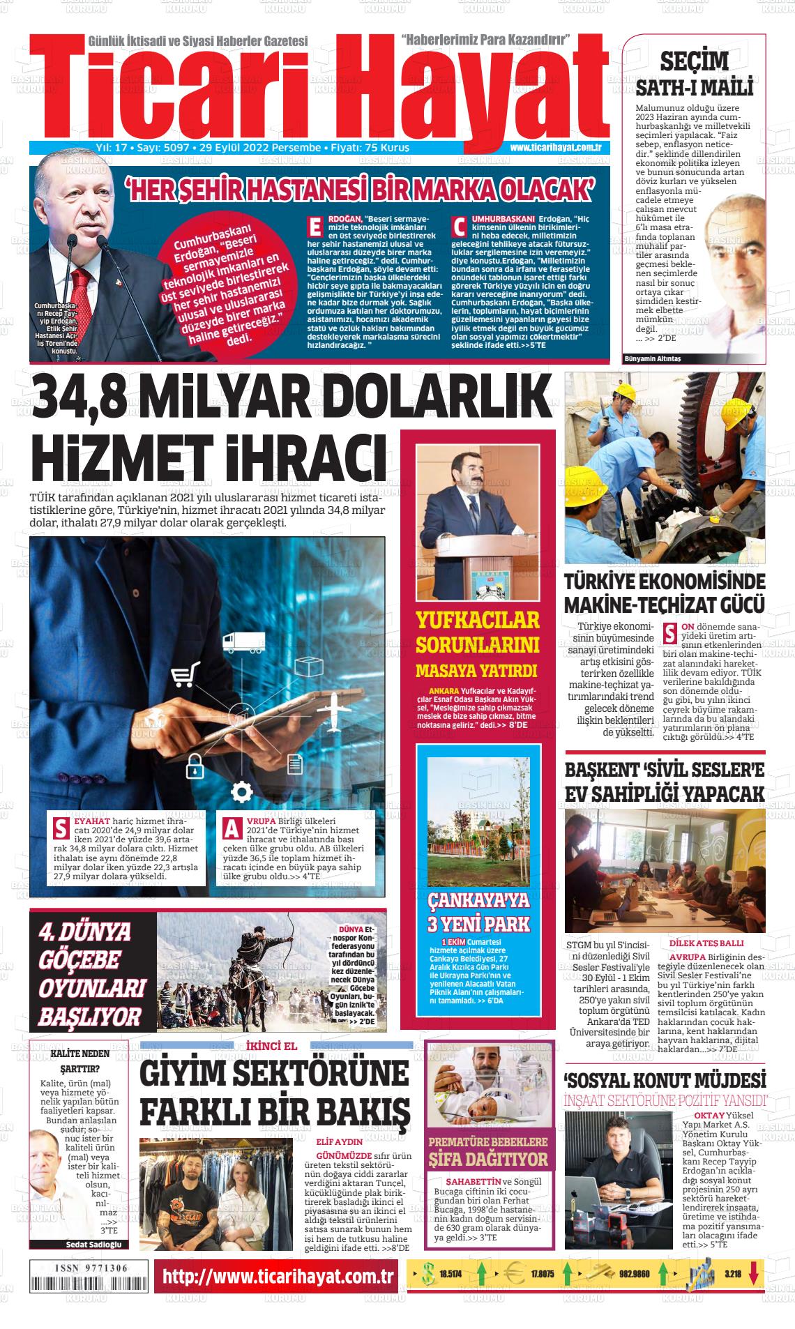29 Eylül 2022 Ticari Hayat Gazete Manşeti