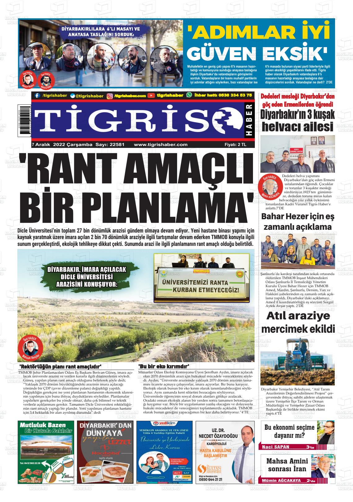 07 Aralık 2022 Tigris Haber Gazete Manşeti