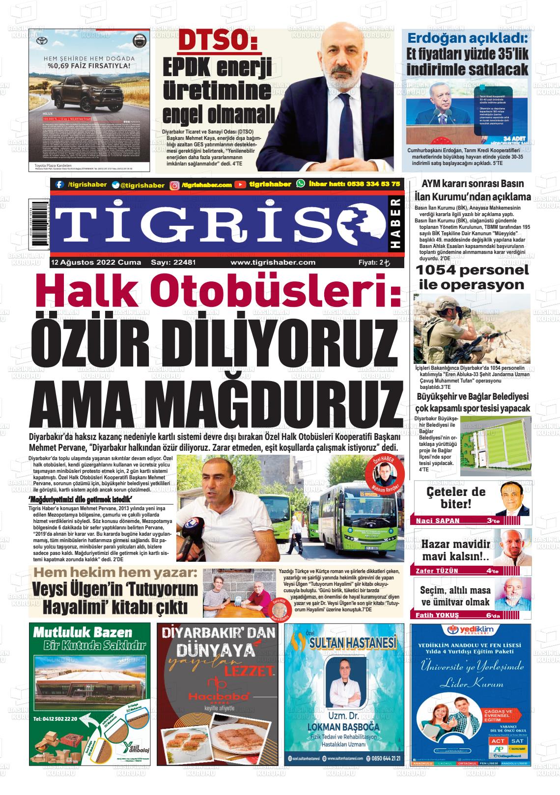 12 Ağustos 2022 Tigris Haber Gazete Manşeti