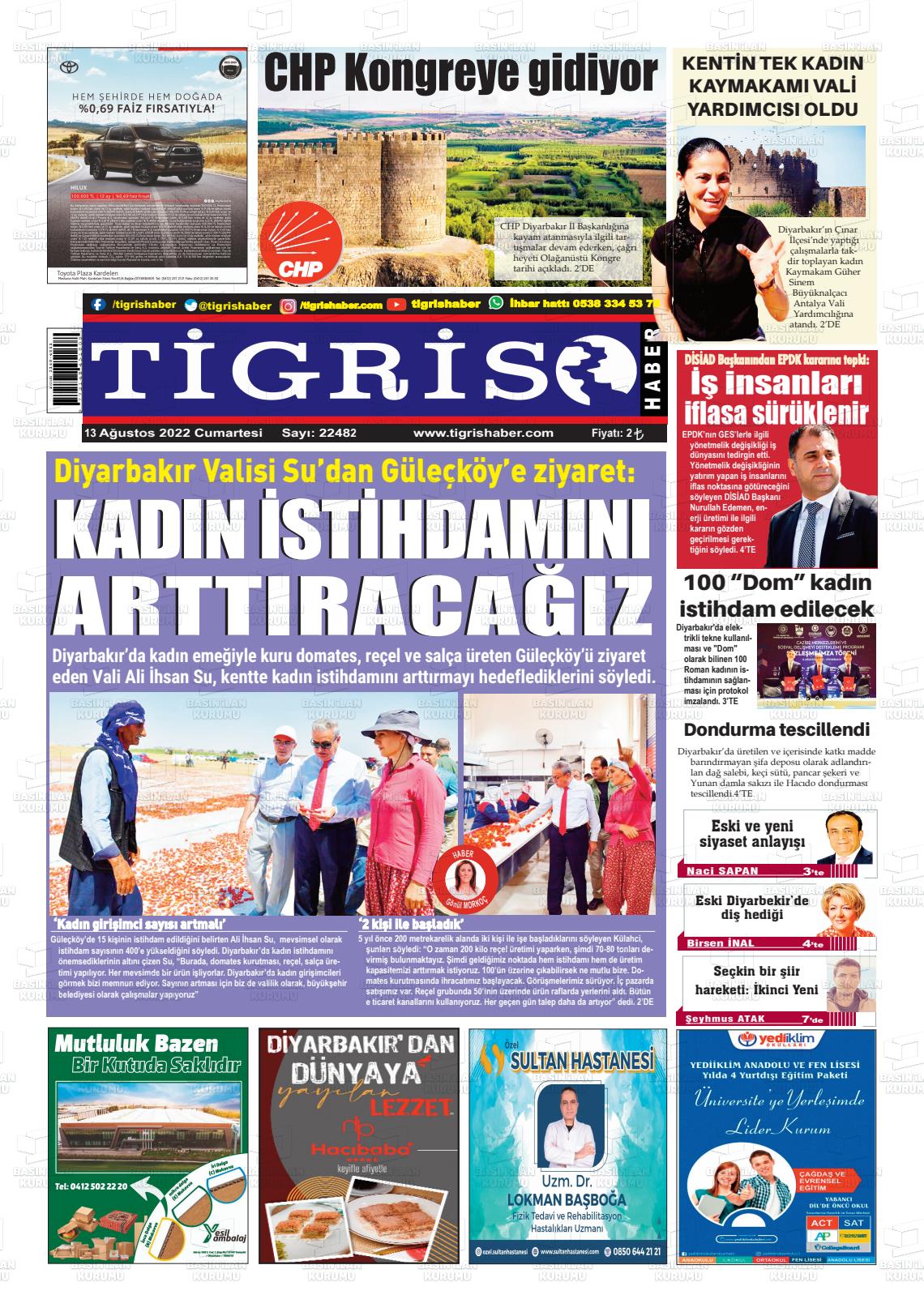 13 Ağustos 2022 Tigris Haber Gazete Manşeti